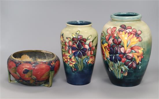 Two Moorcroft Spring Flowers vases and an unusual Moorcroft Pomegranate bowl (damaged) Tallest vase 24cm